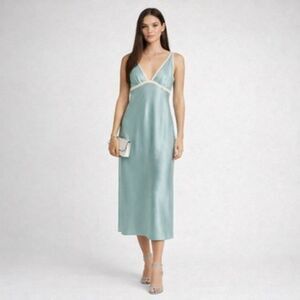 Jones New York Satin Slip Midi Dress M Blue Sleeveless VTG Y2K Party Cocktail